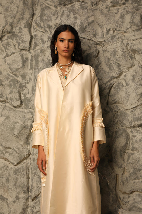 Beige Taffeta Pleated Abaya with Pearl Detailing