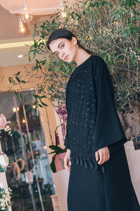 Black Tassel & Beaded Abaya