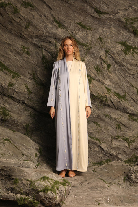 Two-Tone Powder Blue and Ivory Abaya with Handcrafted Detailing