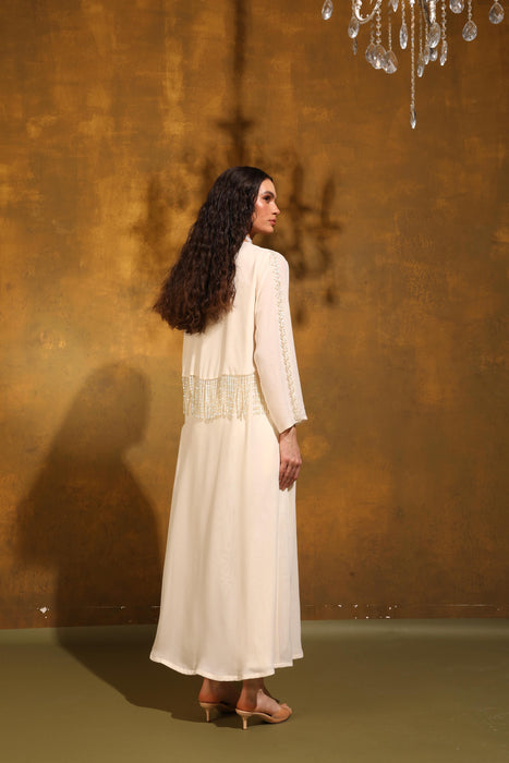 Ivory Pearl Fringe Hand-Embellished Crepe Abaya