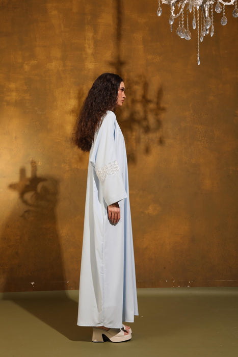 Sky Bloom Abaya with Ivory Hand Embroidery