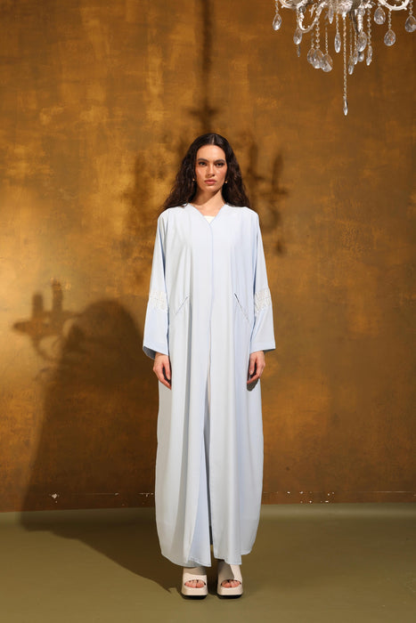 Sky Bloom Abaya with Ivory Hand Embroidery