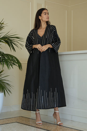 Sequin & Bead Striped Silk Abaya