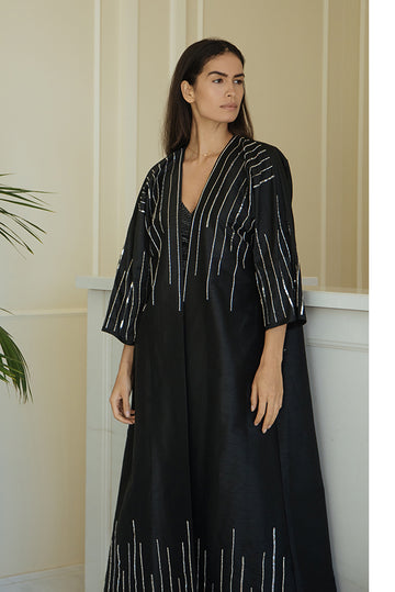 Sequin & Bead Striped Silk Abaya