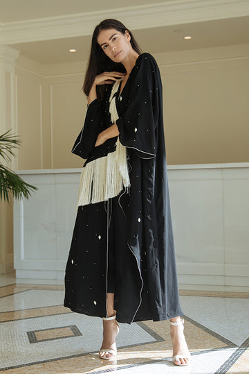 Fringed Pearl-Embellished Abaya