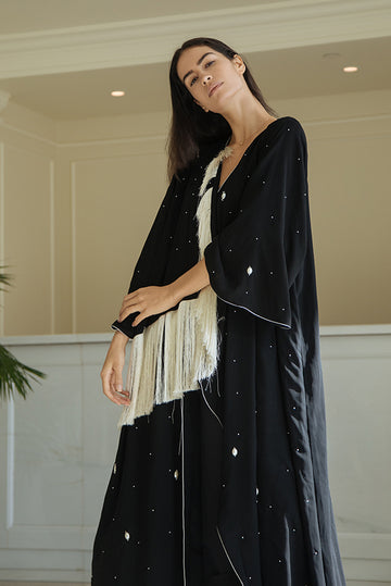 Fringed Pearl-Embellished Abaya