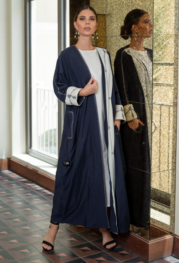Blue -offwhite Embroidered Abaya