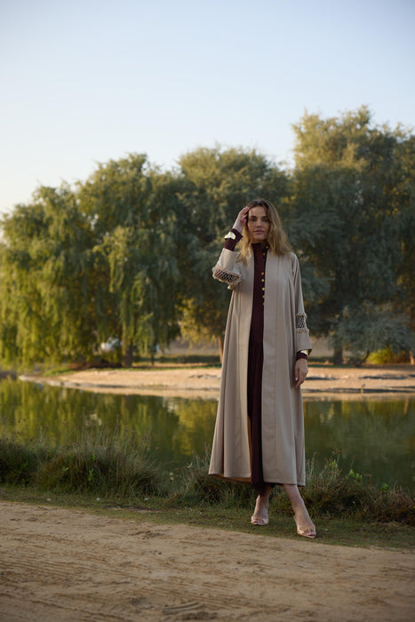Beige Abaya with Mesh Embroidery