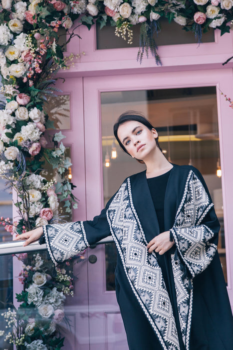 Black & White Geometric Embroidered Abaya