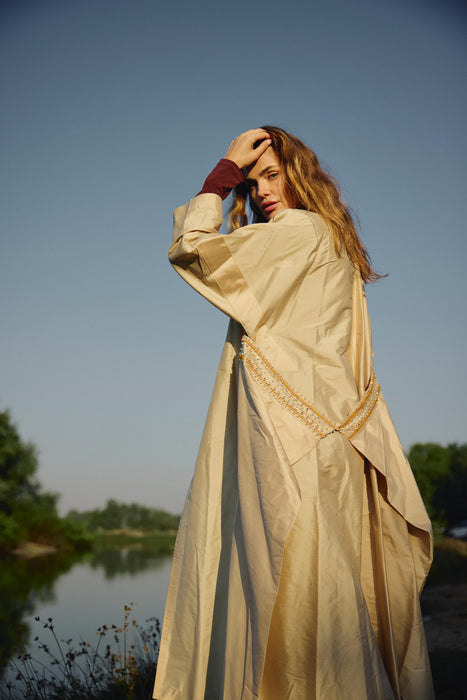 Ruffle Crystal-Embellished Beige Abaya