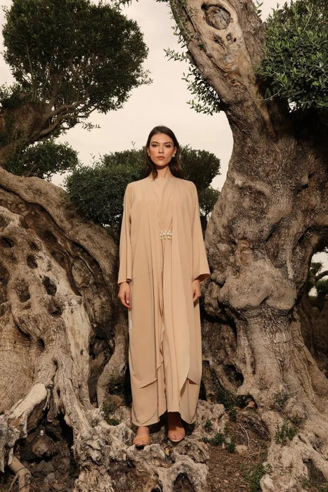 Beige Layered Hem Abaya Set with Pearl Dress