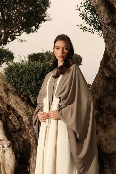 Two-Tone Olive Embellished Cape Abaya Set with Pearl Handwork