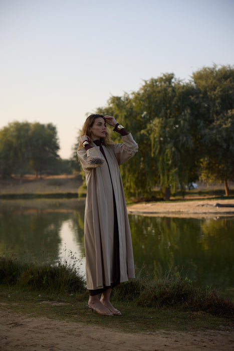 Beige Abaya with Mesh Embroidery