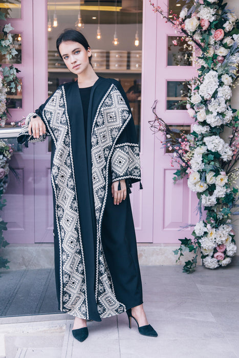 Black & White Geometric Embroidered Abaya
