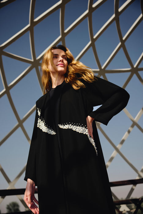Black Abaya with Pearl-Embellished