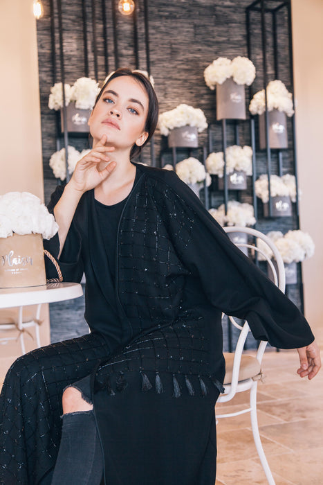 Black Tassel & Beaded Abaya