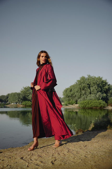 Ruffle Crystal-Embellished Maroon Abaya