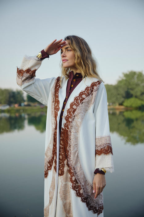 Cream Lace Trim Abaya