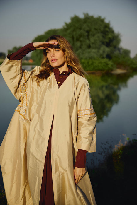 Ruffle Crystal-Embellished Beige Abaya