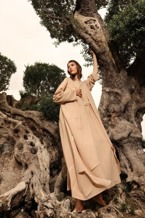 Beige Layered Hem Abaya Set with Pearl Dress