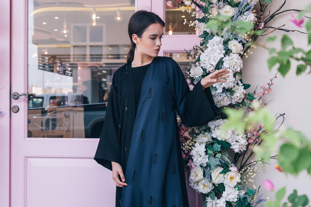 Two-Tone Black and Blue Beaded Abaya