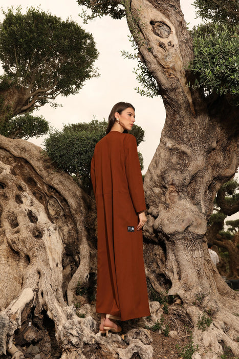 Rich Brown V-Neck Abaya Set with Golden Button Details