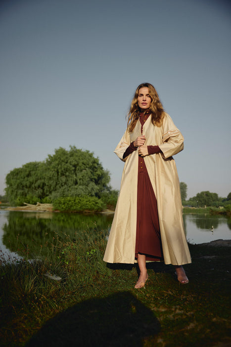 Ruffle Crystal-Embellished Beige Abaya