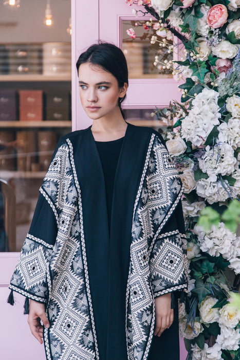 Black & White Geometric Embroidered Abaya