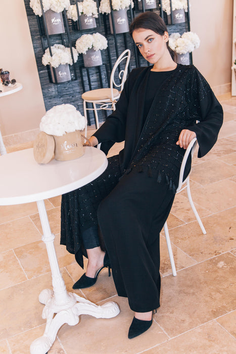 Black Tassel & Beaded Abaya