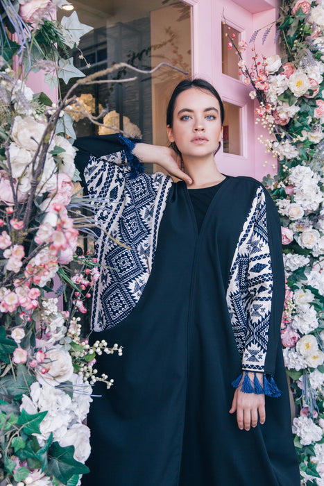 Black & Blue Embroidered Tassel Abaya