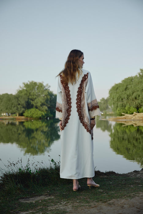 Cream Lace Trim Abaya