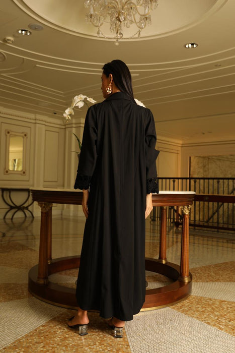 Embellished Black Floral Abaya in Crepe