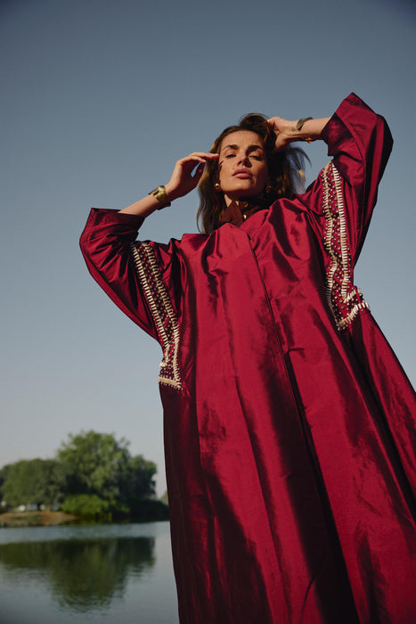 Ruffle Crystal-Embellished Maroon Abaya