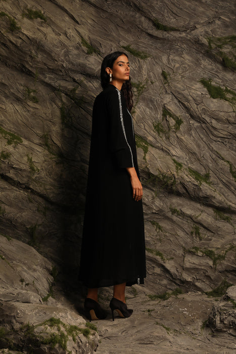 Black Chiffon Abaya with Silver Embellishments