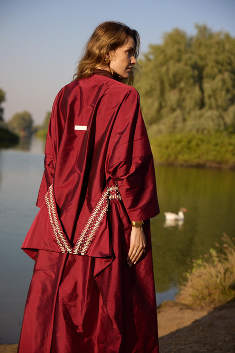 Ruffle Crystal-Embellished Maroon Abaya