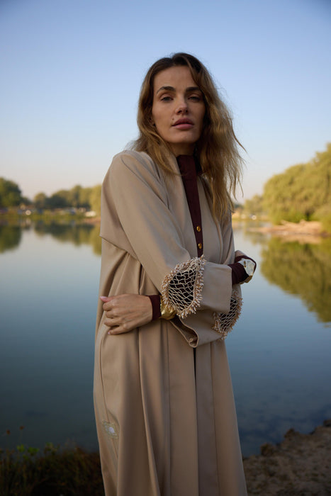 Beige Abaya with Mesh Embroidery