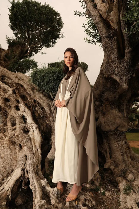 Two-Tone Olive Embellished Cape Abaya Set with Pearl Handwork