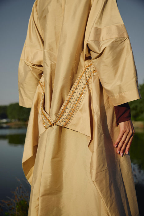 Ruffle Crystal-Embellished Beige Abaya