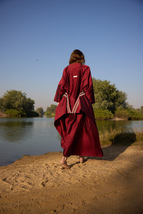 Ruffle Crystal-Embellished Maroon Abaya