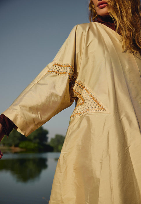 Ruffle Crystal-Embellished Beige Abaya