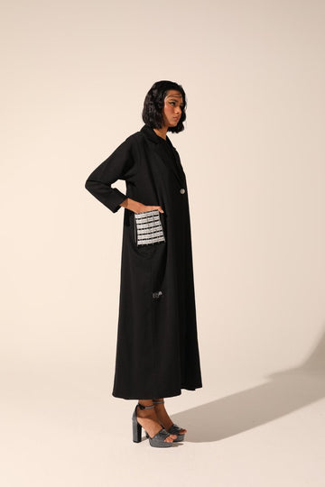 Embellished Pocket Coat Abaya in Shinny Crepe