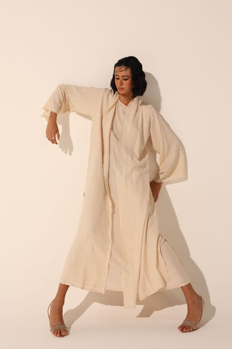 Embellished Beige Italian Crepe Abaya Set (Abaya,Dress,Shaila)
