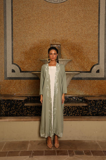 Pistachio Embroidered Abaya in Linen