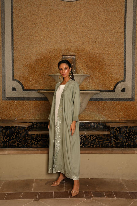 Pistachio Embroidered Abaya in Linen