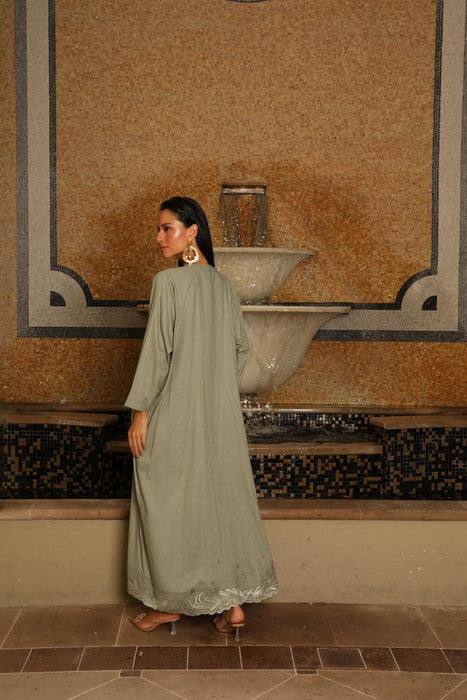 Pistachio Embroidered Abaya in Linen