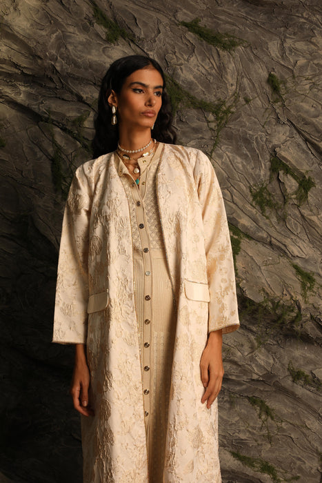 Golden Ivory Jacquard Embellished Abaya