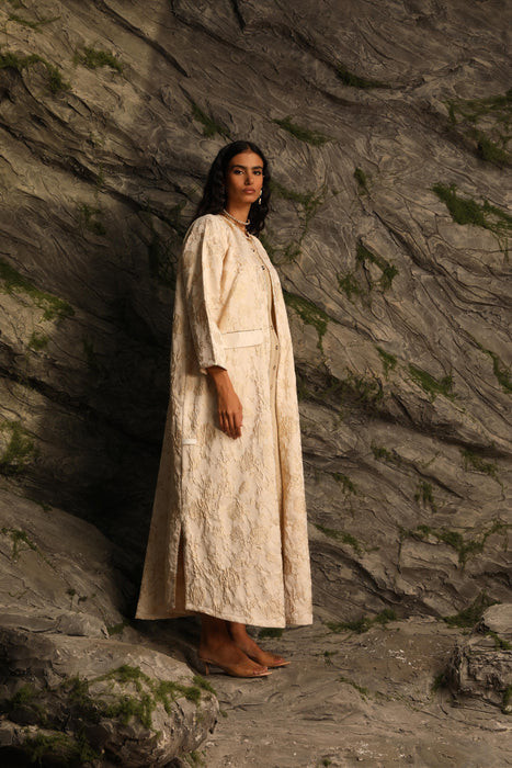 Golden Ivory Jacquard Embellished Abaya