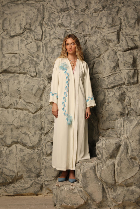 White Abaya with Blue Floral Appliqué