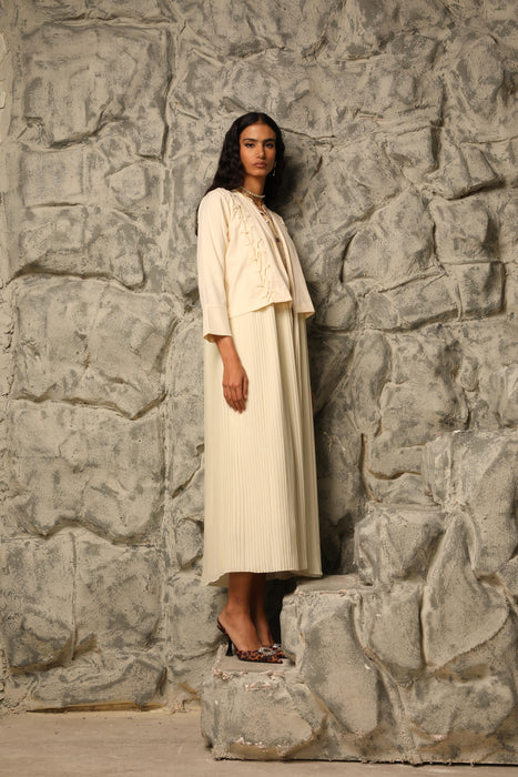 Cream Pleated Abaya with Knot Detail