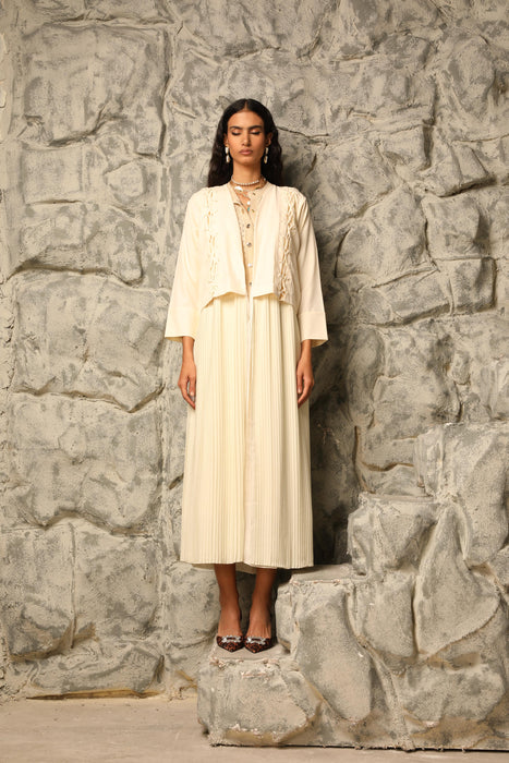 Cream Pleated Abaya with Knot Detail